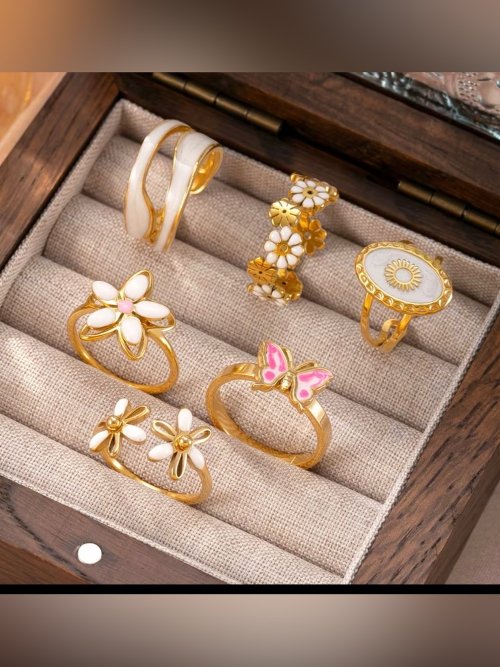 18k Gold Plated Floral & Butterfly Enamel Ring Set 6 pieces